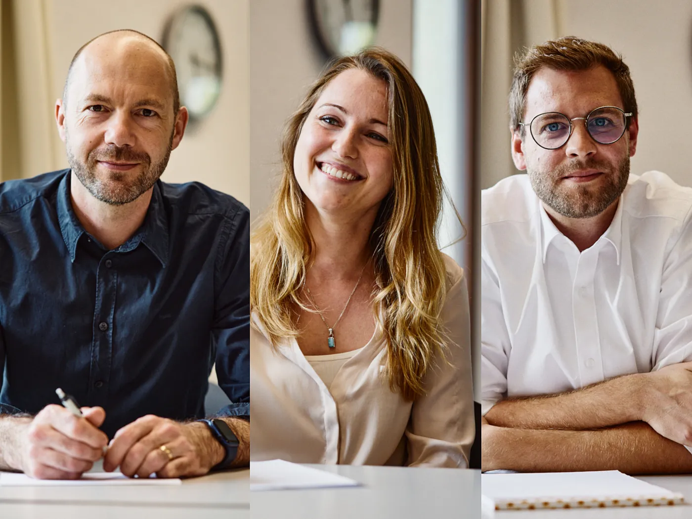 Neue Schulleitung der Berufsschule Scala mit Bildern der Führungspersonen: Fabian Allemann, Michelle Rufer und Robin Wälty.
